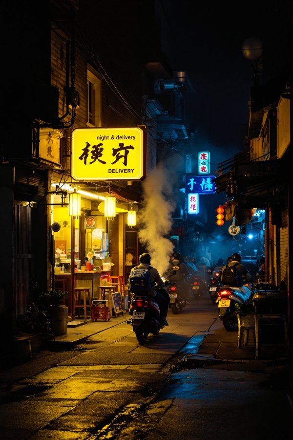 深夜外卖站系列海报，巷子里亮着黄色招牌的外卖站